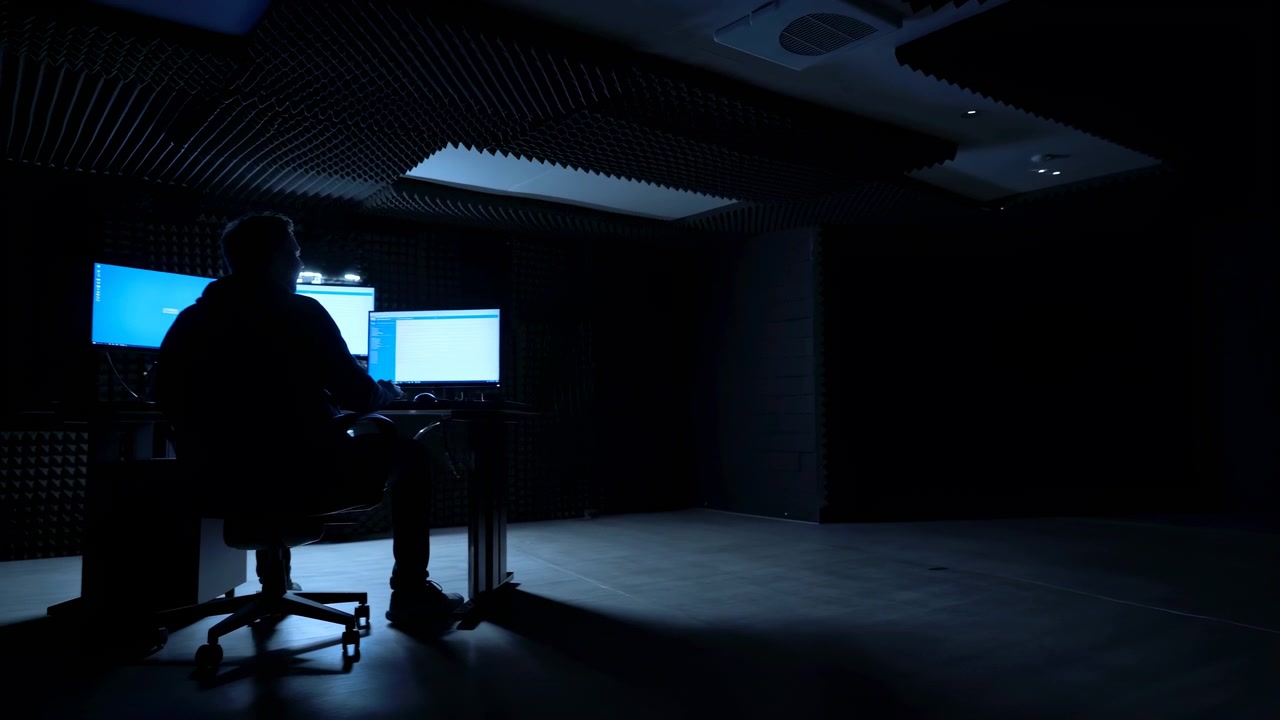 Persona seduta alla scrivania di fronte a schermi di computer illuminati in una stanza interna poco illuminata, con bagliore blu del monitor, pareti scure, area del pavimento vuota e composizione ampia che mostra un'atmosfera di lavoro tranquilla