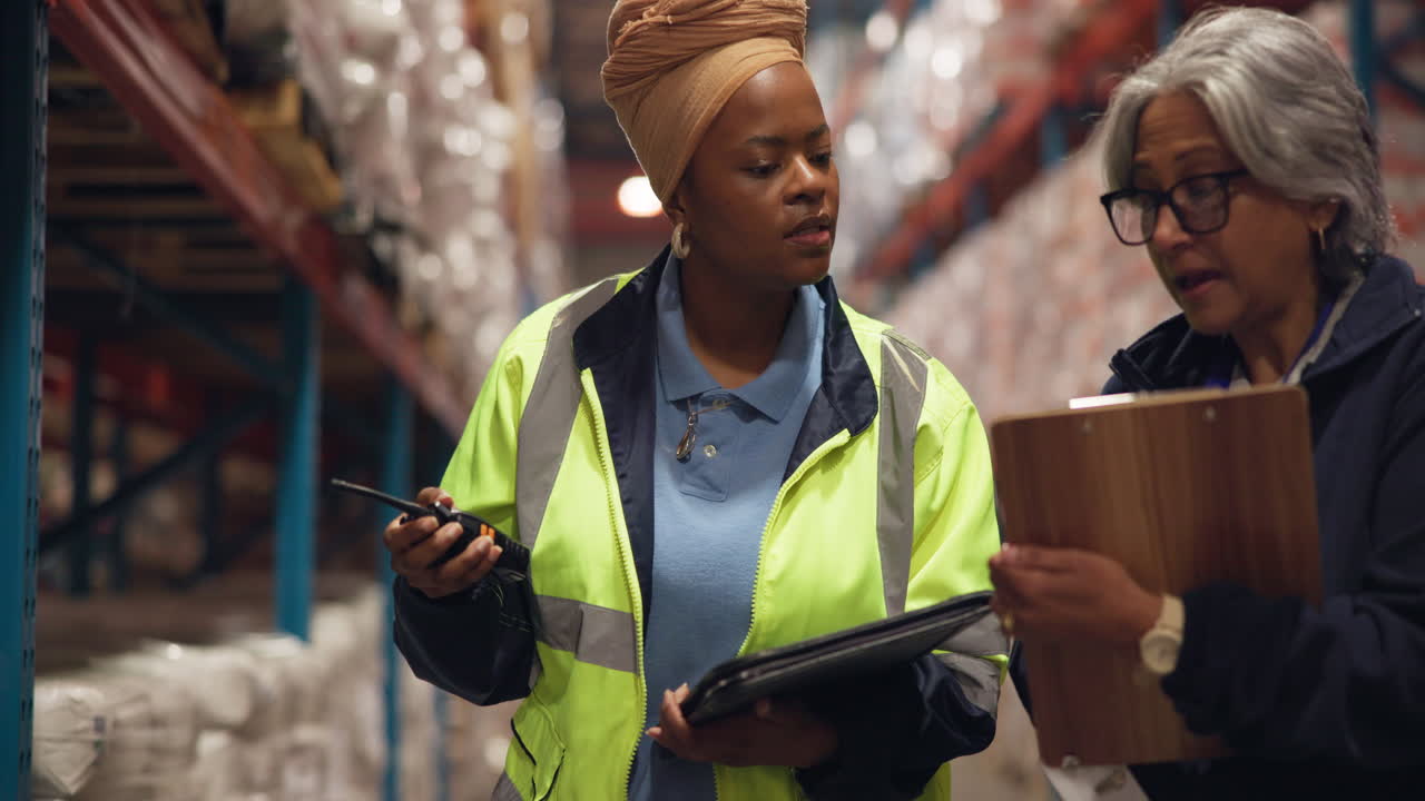 Female Warehouse Workers Inspecting Inventory and Communicating