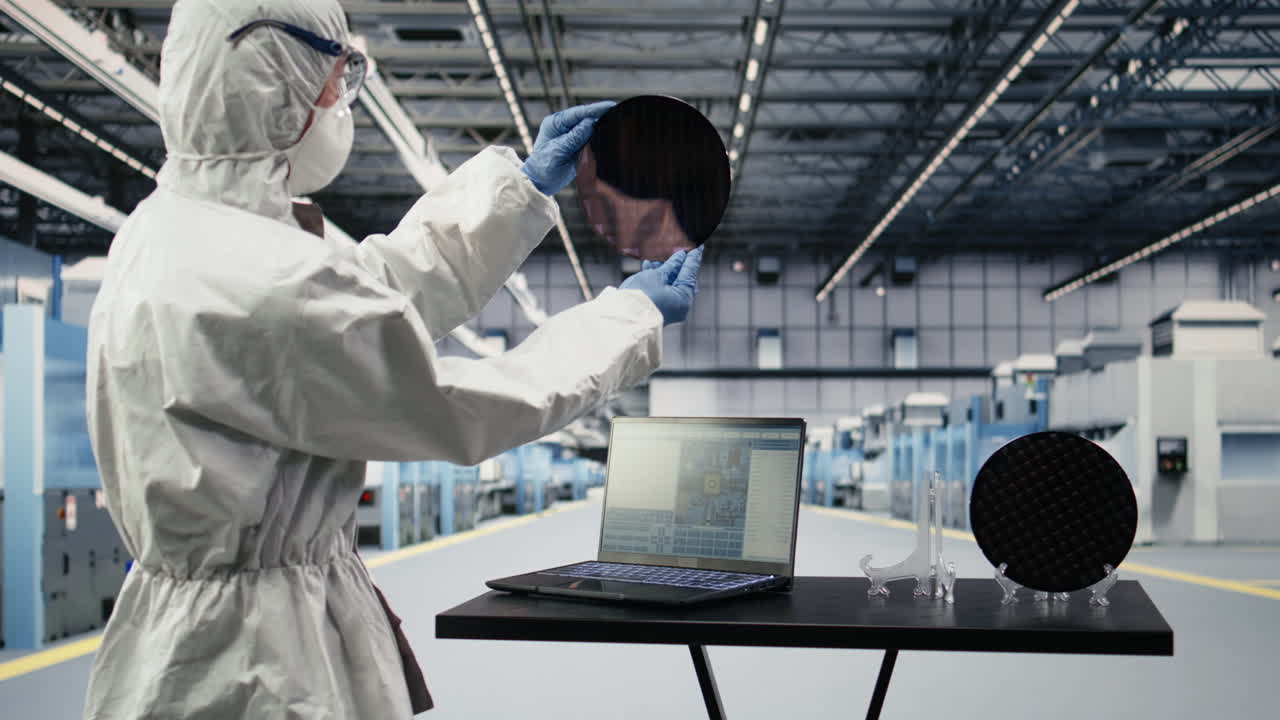 Automated microchip foundry engineer assessing hardware fabrication with laptop