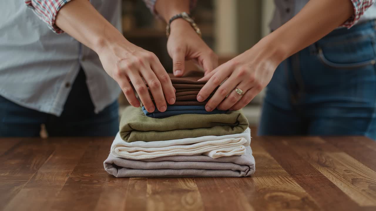 Hands reaching in, couple placing and smoothing folded garments on wooden table, tidying laundry