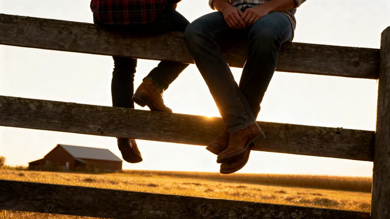 O sol se pondo no horizonte enquanto o casal está sentado em uma cerca de madeira, balançando as botas em jeans xadrez, com a luz do dia desaparecendo.