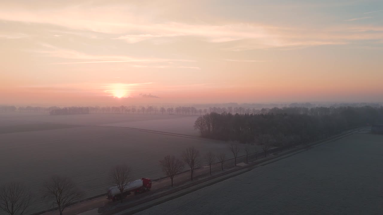 Frozen Sunrise over Dutch Countryside with Truck