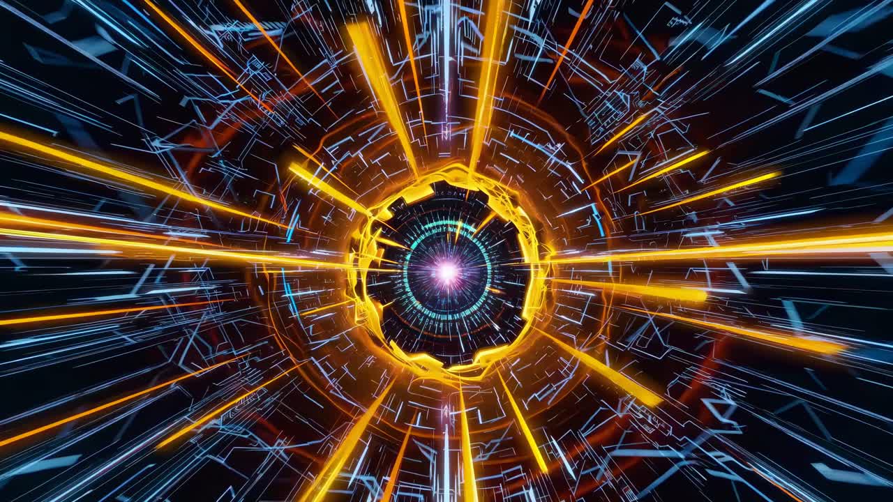 Concept video futuristico con visuale in prima persona di un tunnel digitale