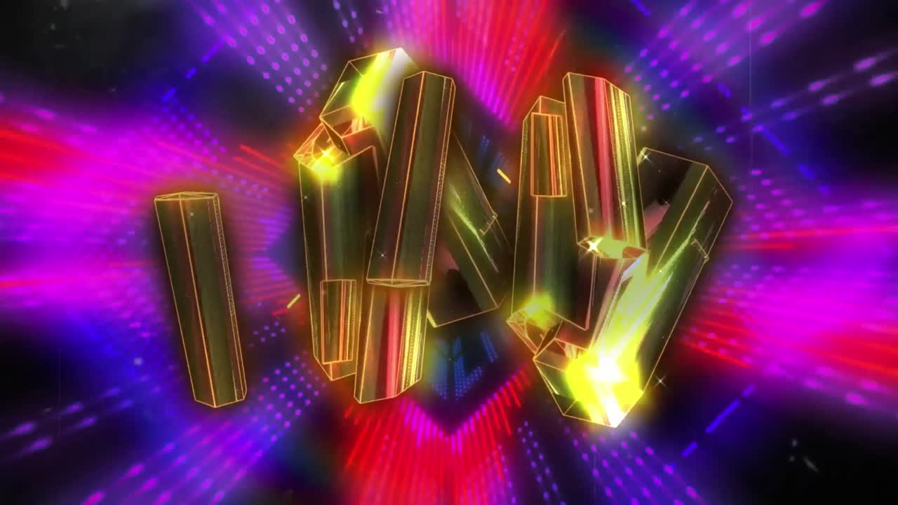 검은색 배경에 대한 원활한 패턴으로 네온 터널 위의 황금 크리스탈 모양의 애니메이션