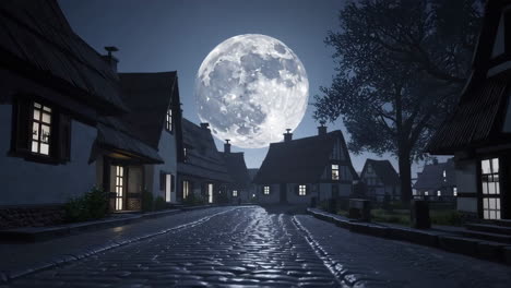 medieval village at night under full moon