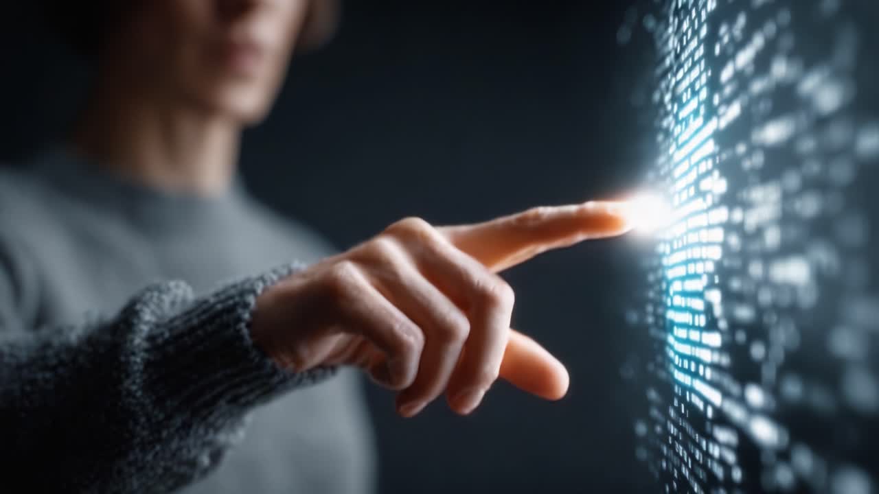 Un individuo con un'interfaccia digitale, che evidenzia l'emergere della tecnologia avanzata e l'intricata connessione tra gli esseri umani e la visualizzazione dei dati.
