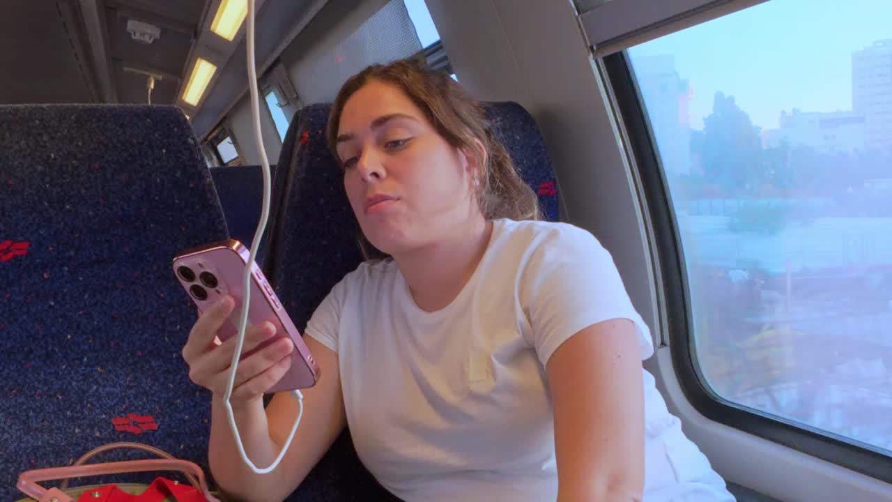 Sleepy Female Passenger Looking at Her Phone on a Train