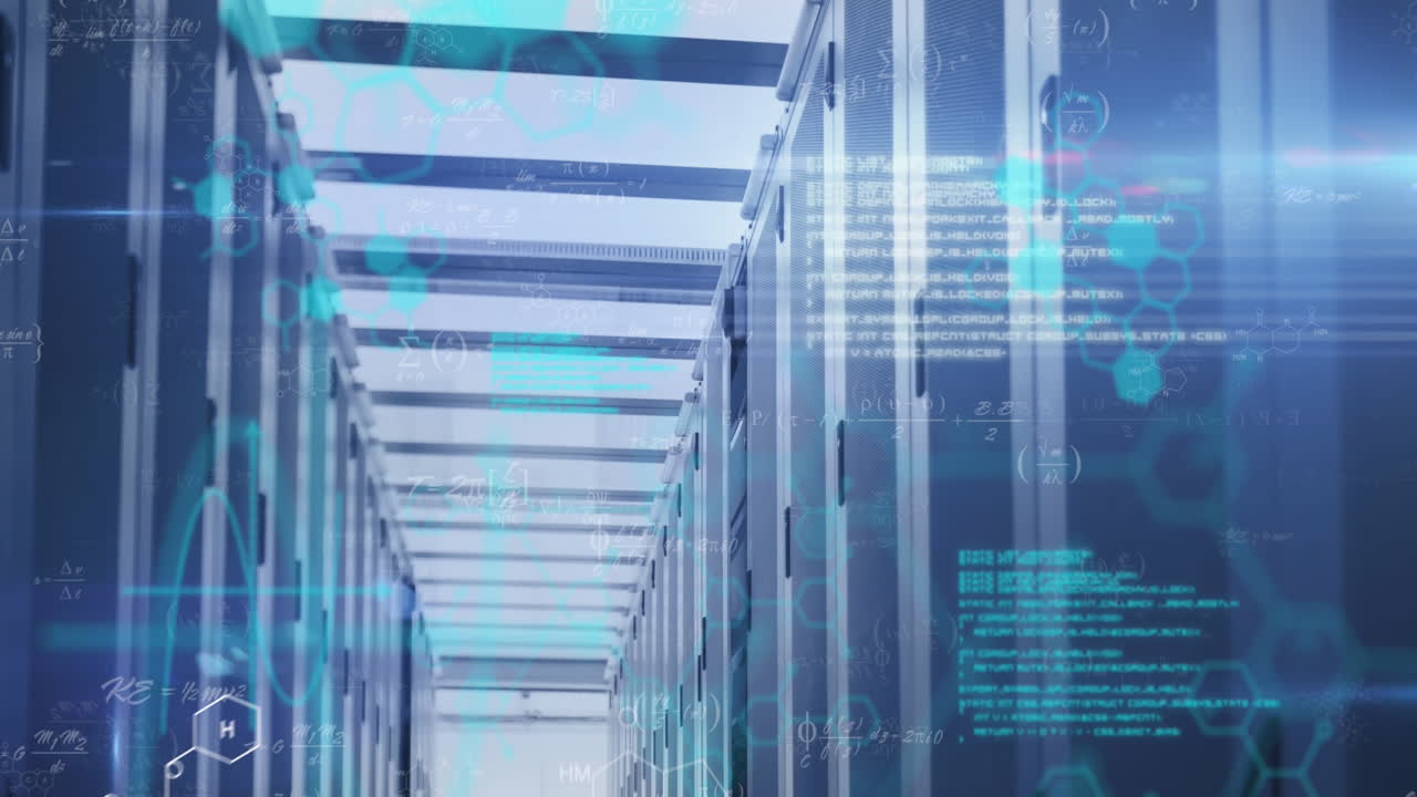 animación de estructuras químicas, procesamiento de datos y ecuaciones matemáticas contra la sala de servidores