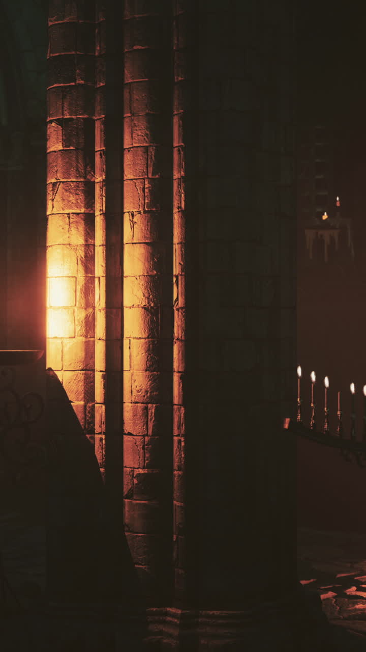 돌 기둥 과 불 을 가진 어두운 내부