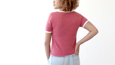 African-american-woman-wearing-red-t-shirt-with-copy-space-on-white-background