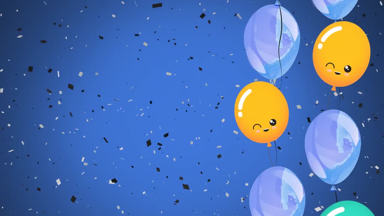 animación de globos coloridos que vuelan y caen cofetti sobre un fondo azul