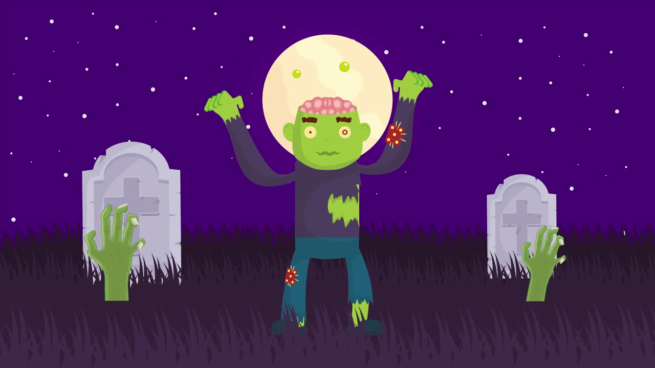 Synkkä halloween-kohtaus zombin kanssa hautausmaalla