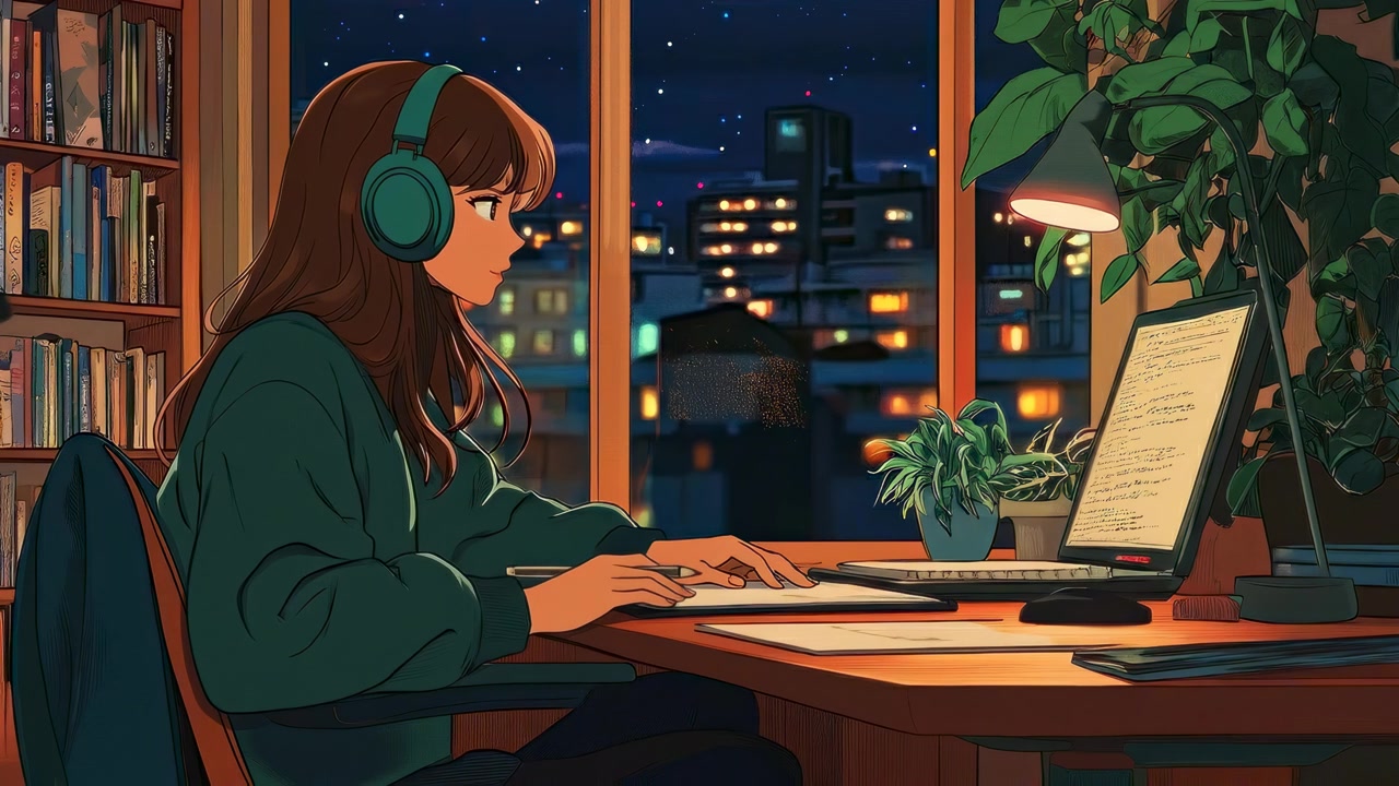Animated Woman Studying at Desk with Headphones by City Window at Night