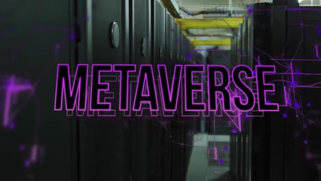 Animation of neon metaverse text banner against computer server room