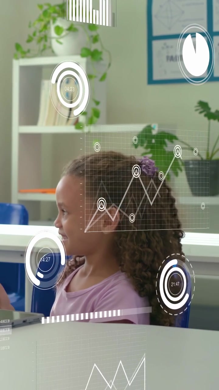 Girl student tapping tablet in class, AR graphs and timers moving with shot, tracking progress