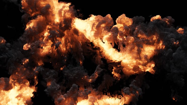 Massive Fire Explosion with Thick Black Smoke on Black Background