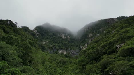 Vista-Aérea-De-Una-Montaña-Tropical-Con-Niebla-En-La-Cumbre