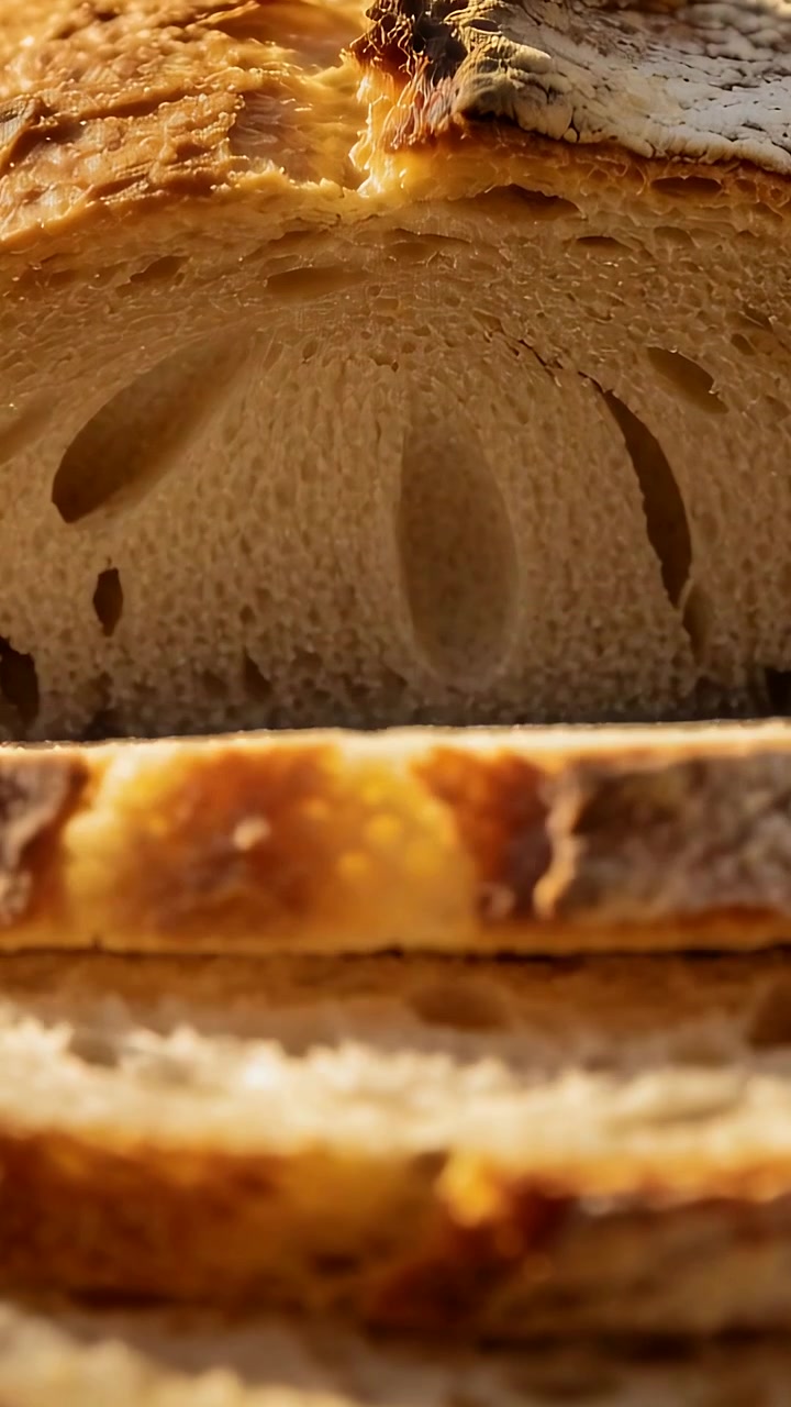 Vertical video: Slicing artisanal loaf, serrated blade touching crust to reveal airy crumb on board