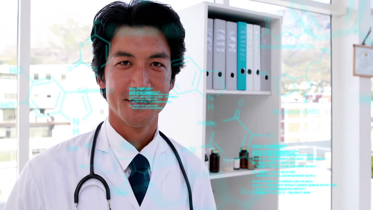 Animation of data processing and chemical formula over biracial male doctor wearing stethoscope
