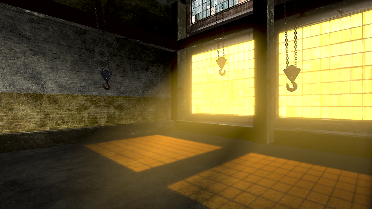 큰 창문과 화물을 위한 철 고리가 있는 빈 창고의 파노라마