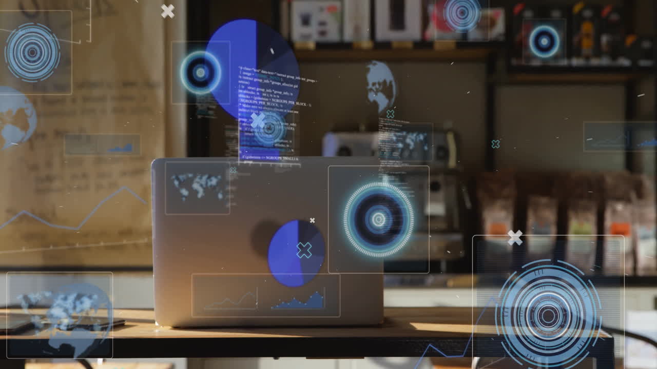 On desk, laptop displaying digital data processing animation in office setting