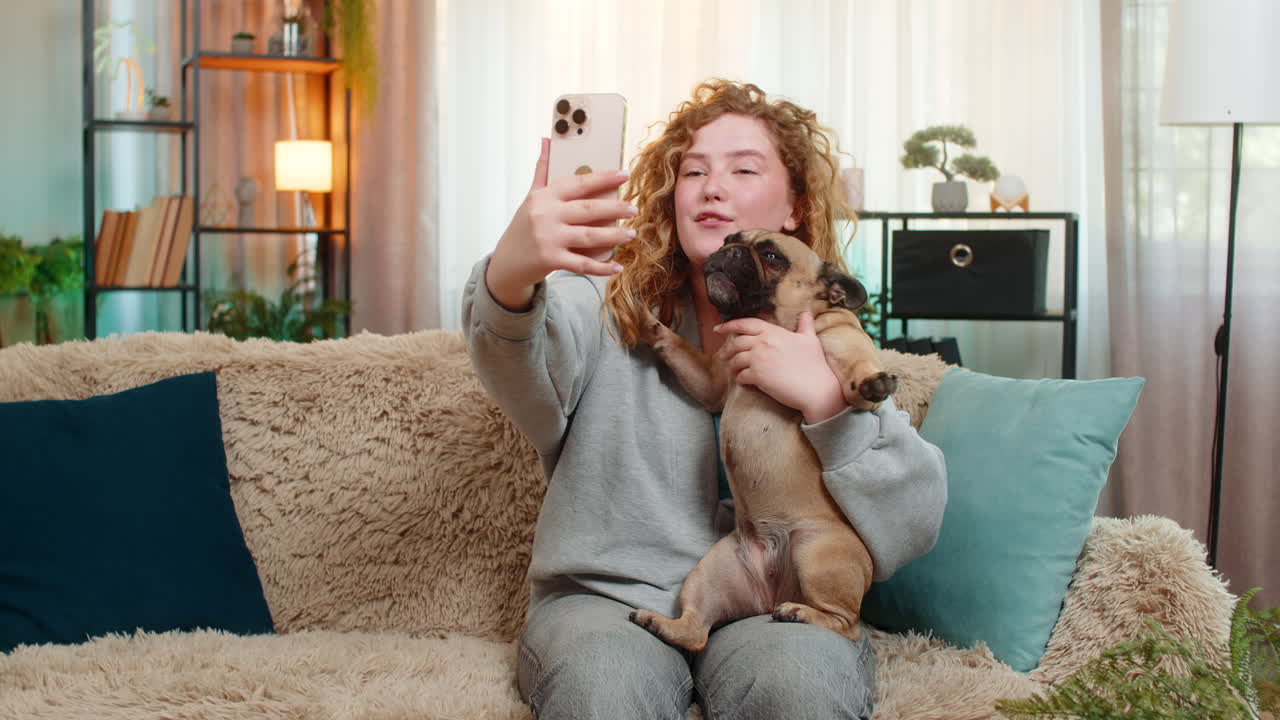 Young woman waving at video call on smartphone with pug dog on home sofa joyful friendly greeting