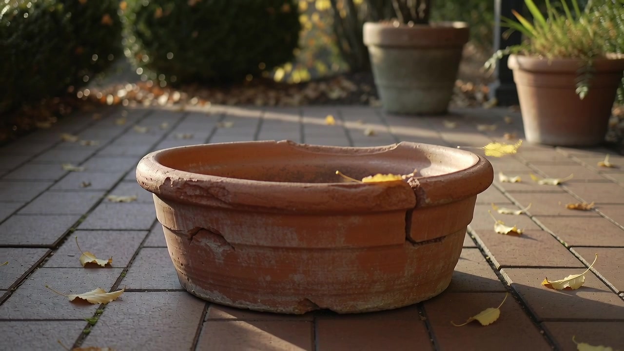 Drifting yellow leaves sliding into cracked terracotta planter on brick patio, triggered by breeze