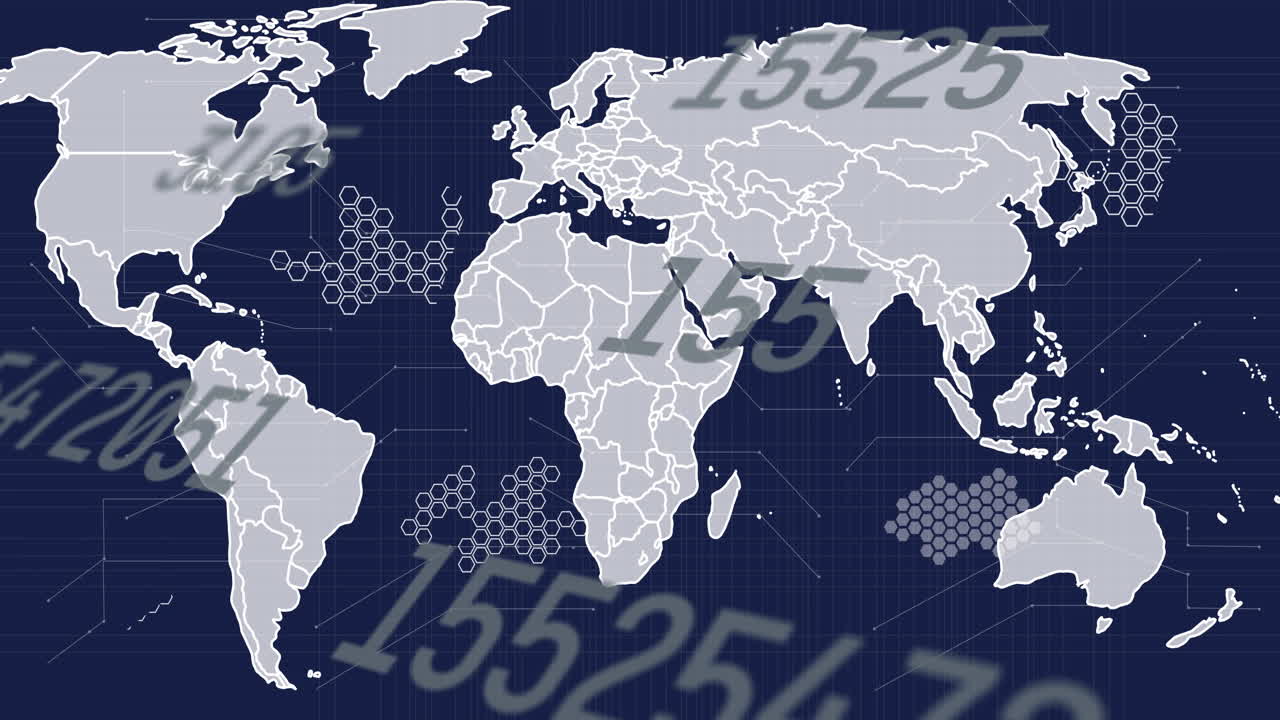 animación del procesamiento de datos y el mapa del mundo sobre fondo azul