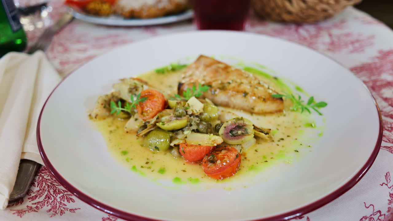 Close up of grilled salmon with vegetables on a white plate at a restaurant