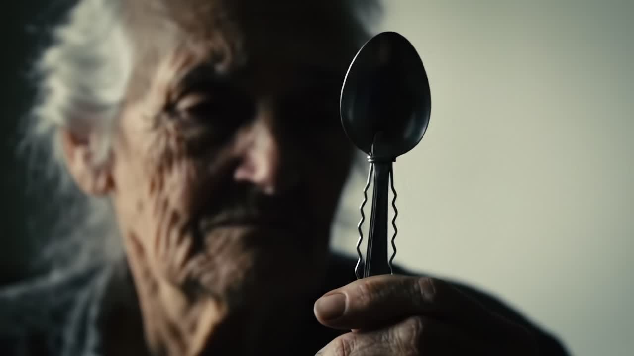 An Elderly Woman Grips a Spoon with Determination: A Powerful Reflection on Aging, Memory, and Resilience in the Face of Life's Challenges