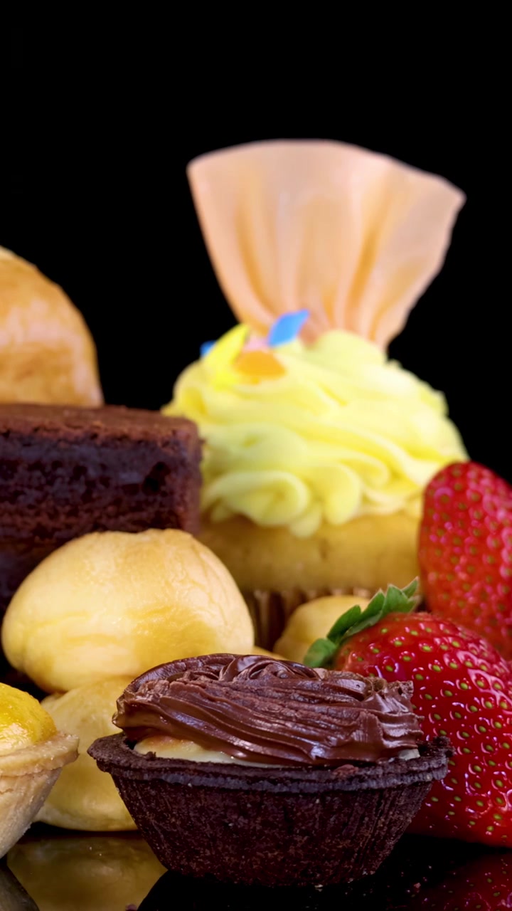 A colorful assortment of donuts, cupcakes, tarts, brownies, and strawberries rotates smoothly under bright, even lighting against a seamless black background, emphasizing texture and detail
