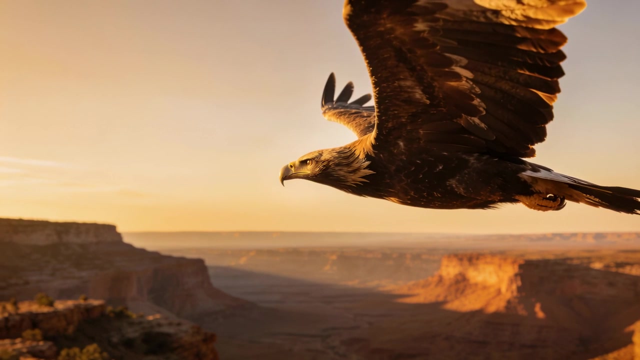 Un'aquila adulta si libra in volo, planando attraverso un ampio canyon con il sole basso, mentre la telecamera la segue e si dirige in avanti.