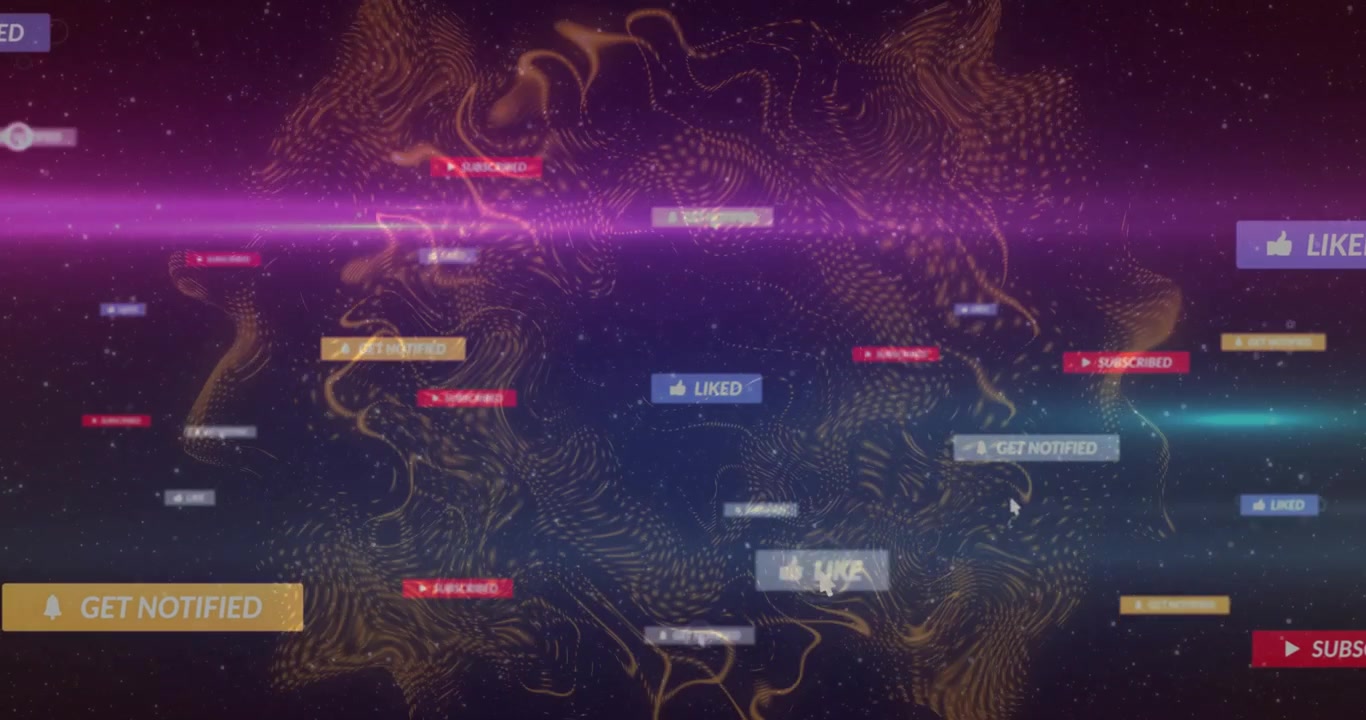 Golden waveform network spiraling in cosmic interface, floating notification labels with neon beams