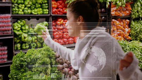 animation of data processing over caucasian woman grocery shopping