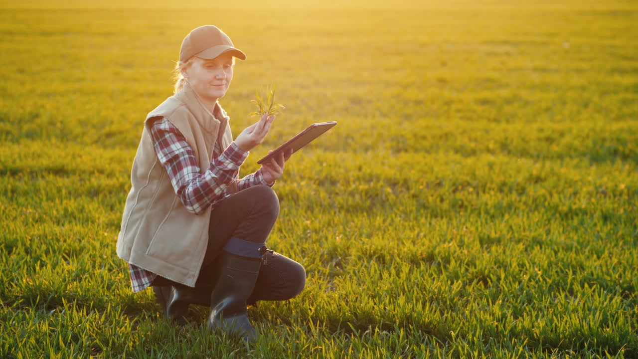 Jonge vrouwelijke boer bestudeert de zaailingen van een plant op een veld met behulp van een tablet.