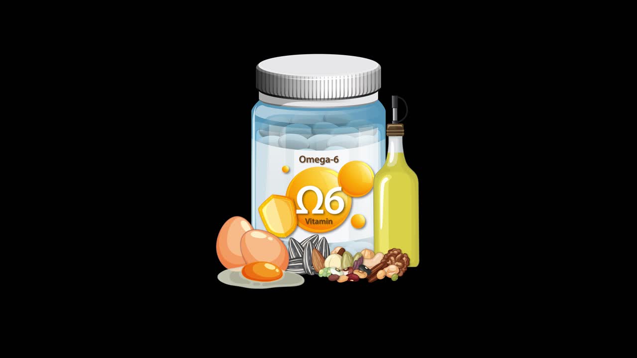 Omega-6 supplement bottle with eggs, oil, and nuts appearing, smooth transitions, black background