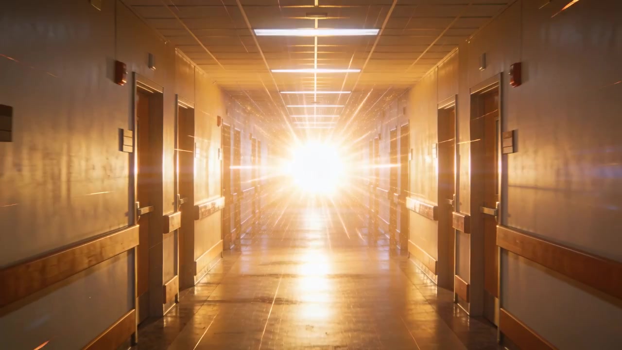Partendo da un punto lontano, una luce calda e dorata si espande lungo il corridoio della clinica, retroilluminando porte e corrimano in legno.