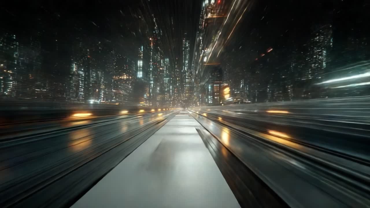 Movimento dinamico attraverso un paesaggio urbano vivace, che cattura l'essenza della velocità e dell'energia in un ambiente futuristico pieno di luci e riflessi