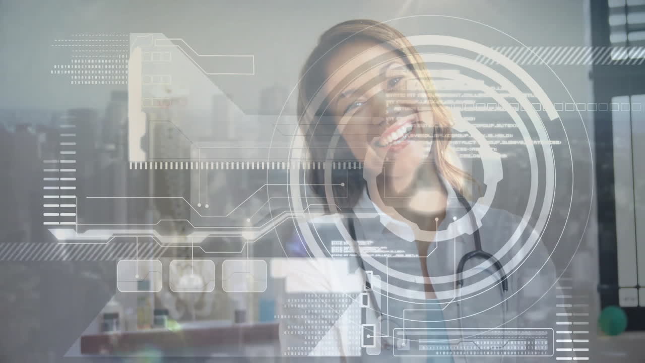 female doctor wearing stethoscope interacting with medical interface showing HUD graphics