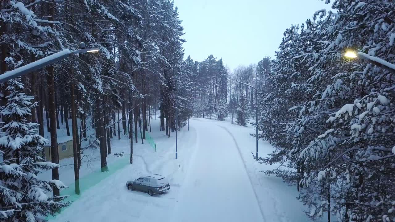 차 를 타고 있는 눈 인 숲 도로