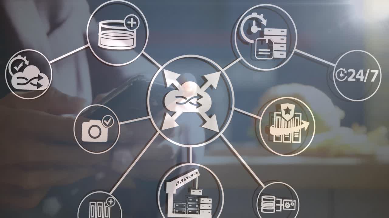 animación de la red de conexiones con iconos sobre filas de uso de luces intermitentes