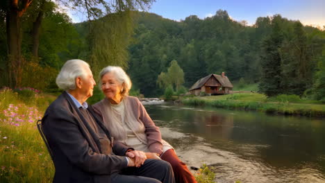elderly couple enjoying a peaceful moment by the river