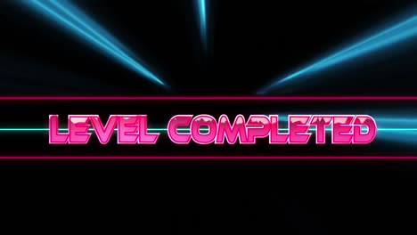 animation of level completed text over neon light trails on black background