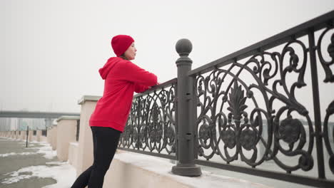 mujer con capucha roja y leggings negras descansa la mano en la valla de metal decorativa mientras mira el puente lejano con coches en movimiento, río tranquilo en el fondo, rodeado de tierra cubierta de nieve durante el invierno