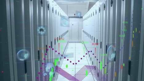 animación del procesamiento de datos y globos sobre la sala del servidor