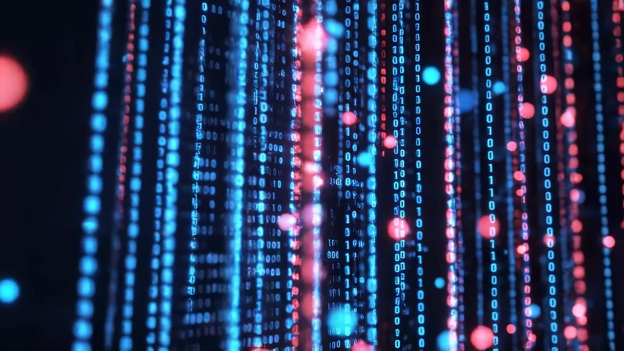 Abstract Digital Binary Code Data Stream with Blue and Red Lights