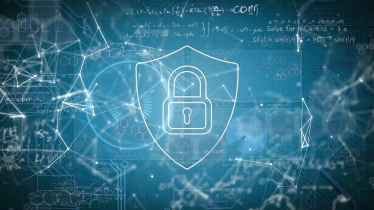 Animation of network of connections, security padlock icon and mathematical equations