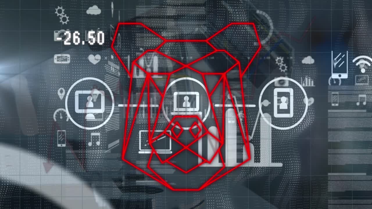 회색 배경에 기술 아이콘, 데이터 및  머리의 애니메이션