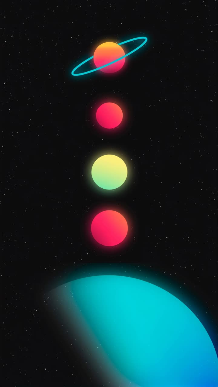 Aerial view of vibrant, glowing planets aligned vertically against a starry backdrop