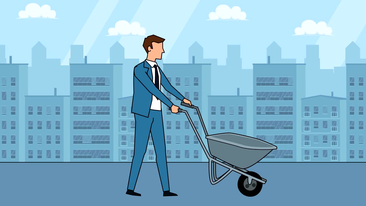 Animazione di un personaggio di uomo d'affari in stile cartone animato piatto con un carretto da lavoro vuoto.
